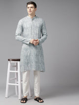 Men Off White & Grey Pure Cotton Embroidered Straight Kurta With Pajama