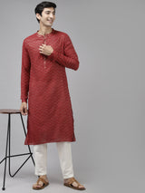 Men Maroon & Beige Wave Woven Design Thread Work Kurta