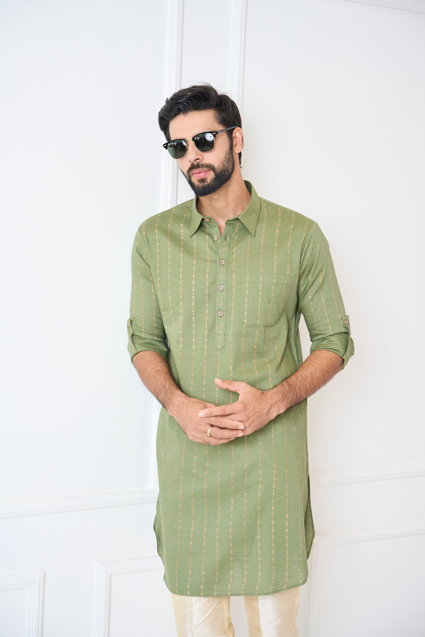 Riwaat.com Men Olive Green Regular Pure Cotton Pathani Kurta Riwaat Floral Mehendi Pathani