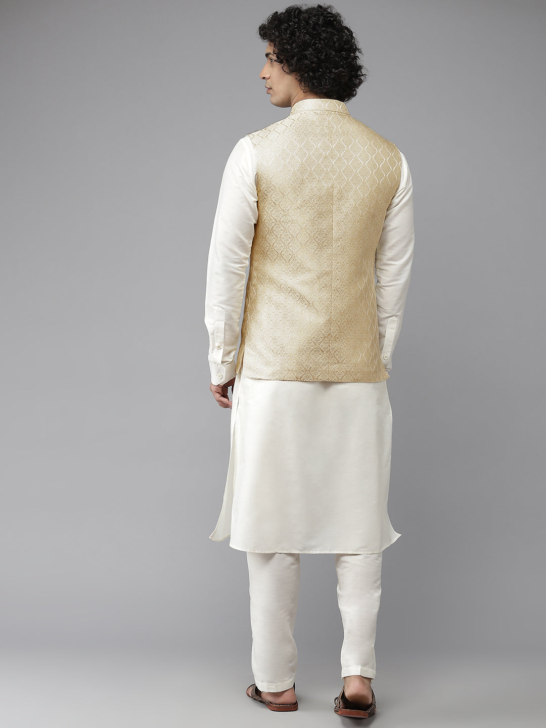 Riwaat.com Men White Solid Kurta Pajama With Golden Nehru jacket Riwaat Indo Western