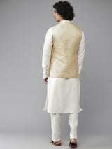 Riwaat.com Men White Solid Kurta Pajama With Golden Nehru jacket Riwaat Indo Western