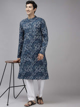 Men Blue & Off White Printed Straight Kurta With Pajama