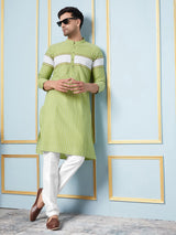 Men Lime Green And White Thread Work Kurta