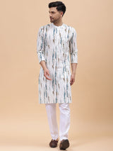 Men White & Blue Pure Cotton Printed Straight Kurta With pyjama