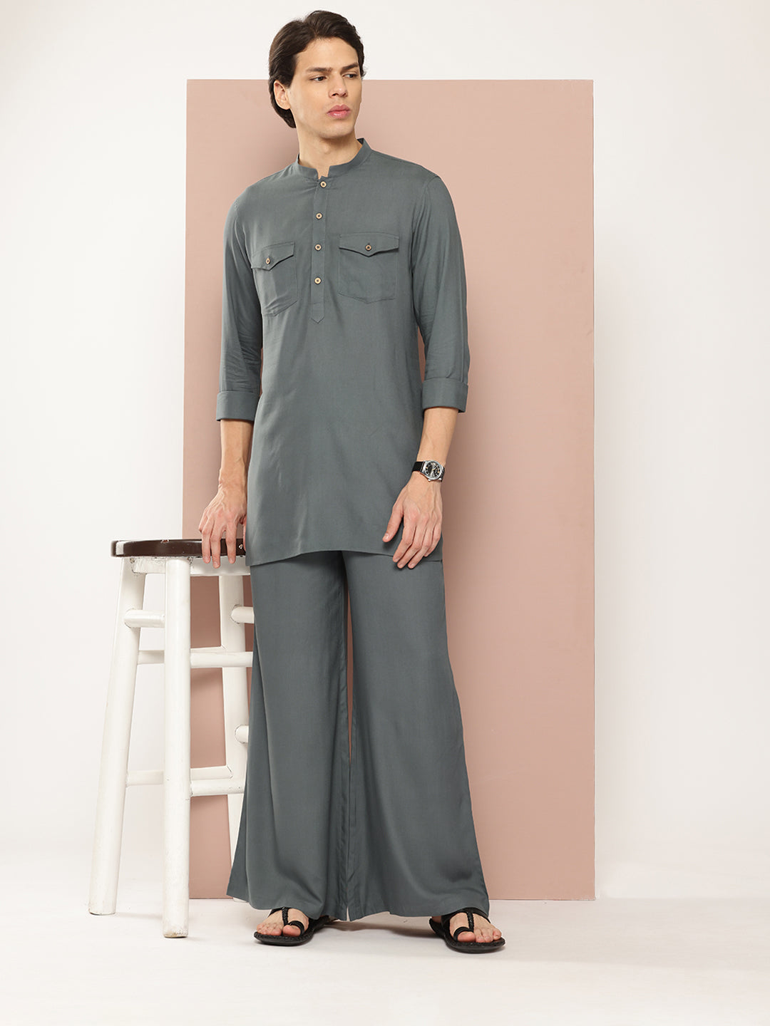 Men Grey Rayon Solid Pathani Sets