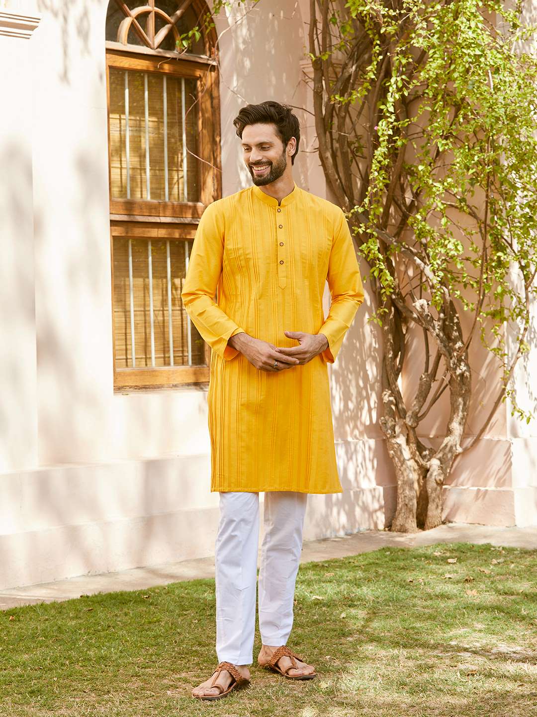 Men Mustard Cotton Silk Pintex Design Thread Work Kurta With Pajama