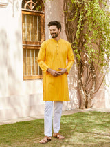 Men Mustard Cotton Silk Pintex Design Thread Work Kurta With Pajama