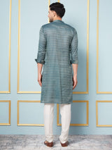 Men Green & Gold Woven Design Thread Work Kurta With pyjama