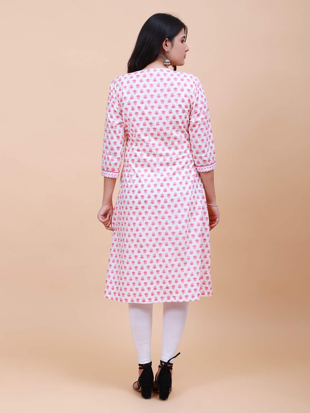 Women Soft Pink and White Floral Yoke Design Embroidery Cotton Kurti