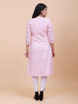 Women Soft Pink and White Floral Yoke Design Embroidery Cotton Kurti