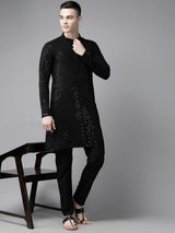 Men Black Floral Embroidered Sequined Rayon Kurta