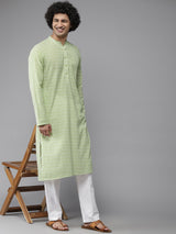 Men Lime Green & White Printed Pure Cotton Straight Kurta