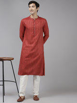 Men Maroon & Beige Woven Design Thread Work Kurta