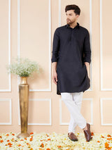 Men Black Cotton Solid Pathani Kurta