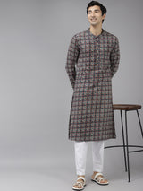 Men Blue And Beige Printed Thread Work Indigo Kurta With Pajama