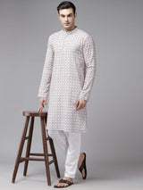 Men Off White & Brown Pure Cotton Embroidered Straight Kurta With Pajama