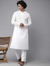 Men White Regal Patterned Chikankari Embroidered Straight Kurta