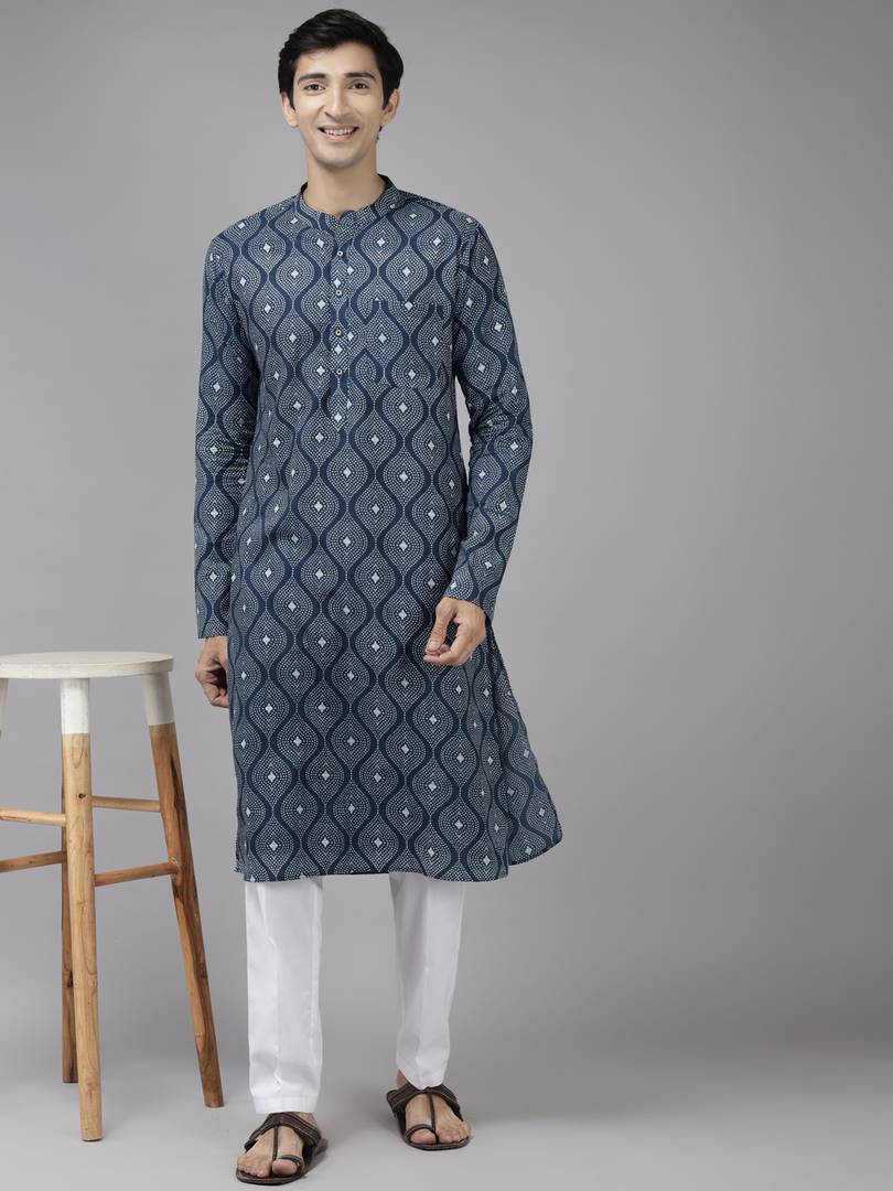 Men Blue & Charcoal Printed Straight Kurta With Pajama