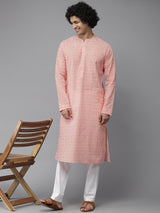 Men Coral Pink & White Printed Pure Cotton Straight Kurta With Pajama