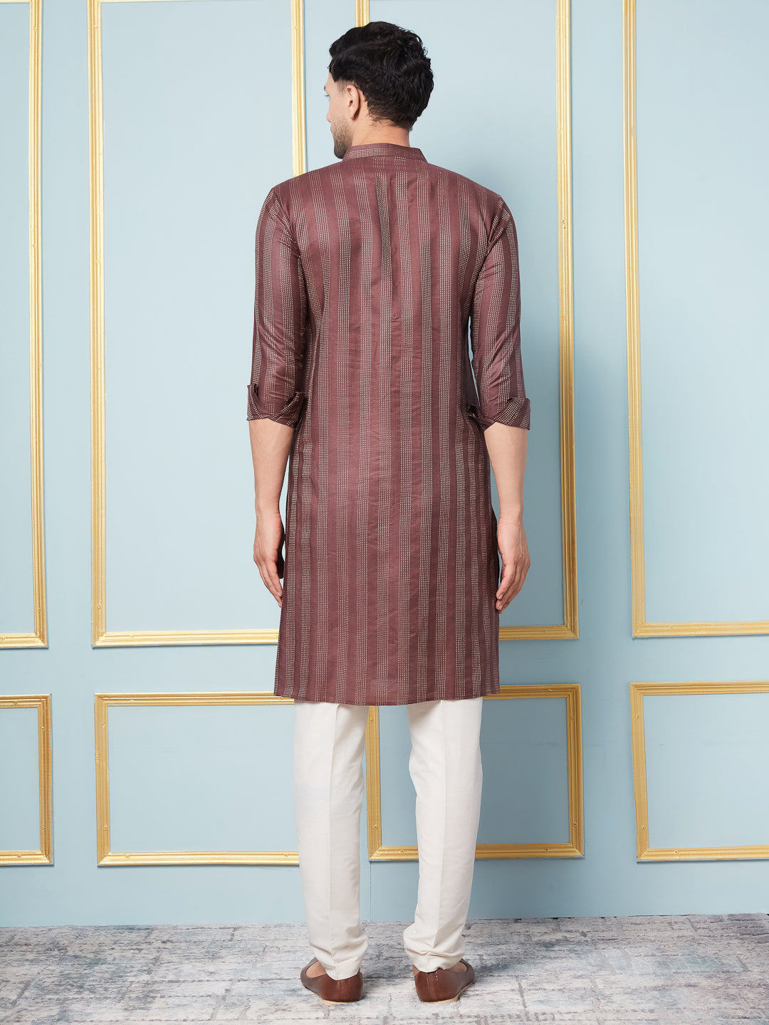 Men Coffee & Gold Woven Design Thread Work Kurta With Pajama