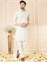 Men Cream Cotton Solid Pathani Kurta