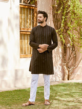 Men Deep Black with Subtle Grey Stripes Pintex Design Thread Work Cotton Kurta With Pajama