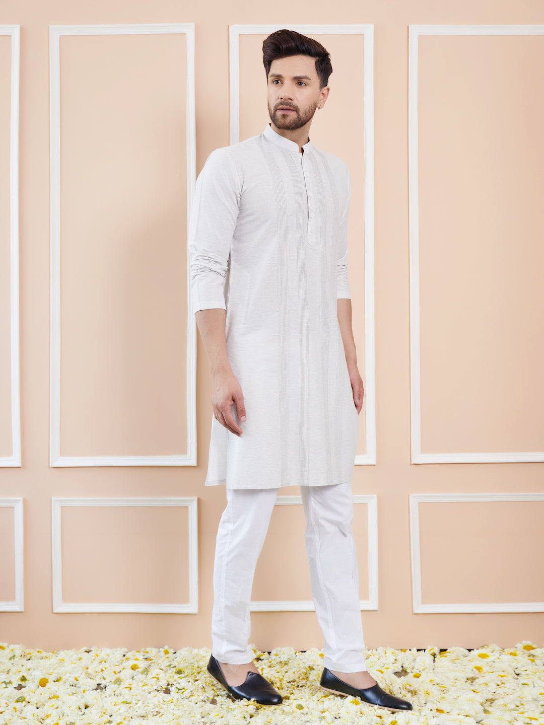 Men Off White Cotton Silk Pintex Design Thread Work Kurta