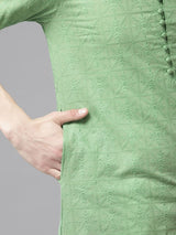 Men Green Pure Cotton Chikankari Embroidered Straight Kurta With Pyjama