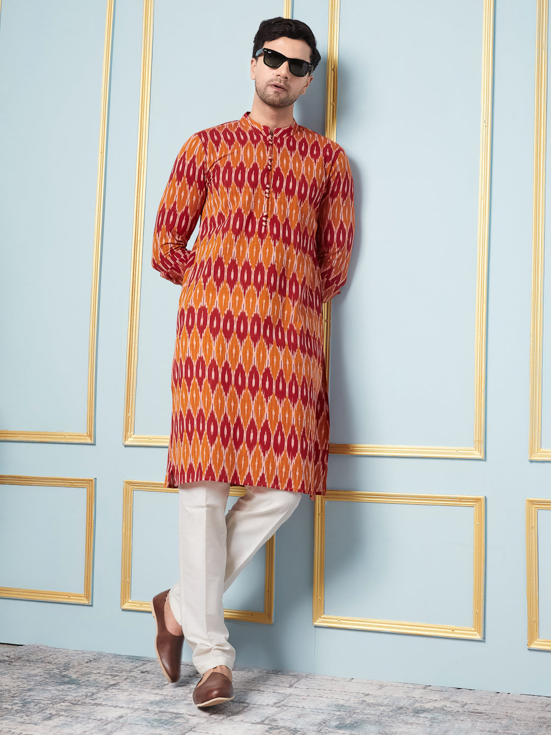 Men Mustard and Orange Ikat Printed Kurta With pyjama