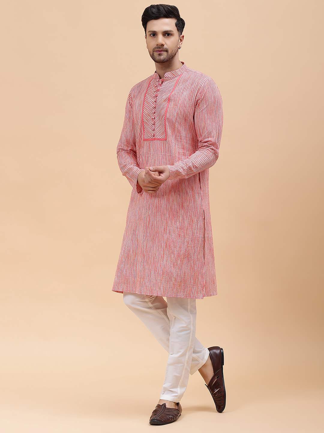 Men Pink Stripe Pure Cotton Printed Straight Kurta With Pajama