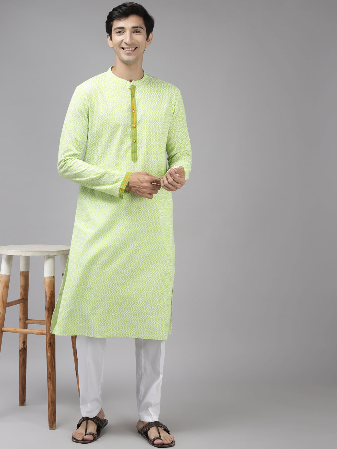 Men Lime Green & White Printed Pure Cotton Straight Kurta With Pajama