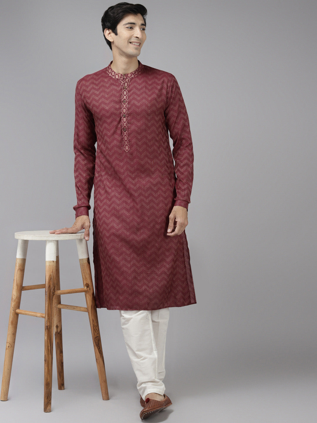 Men Burgundy & Beige Wave Woven Design Thread Work Kurta