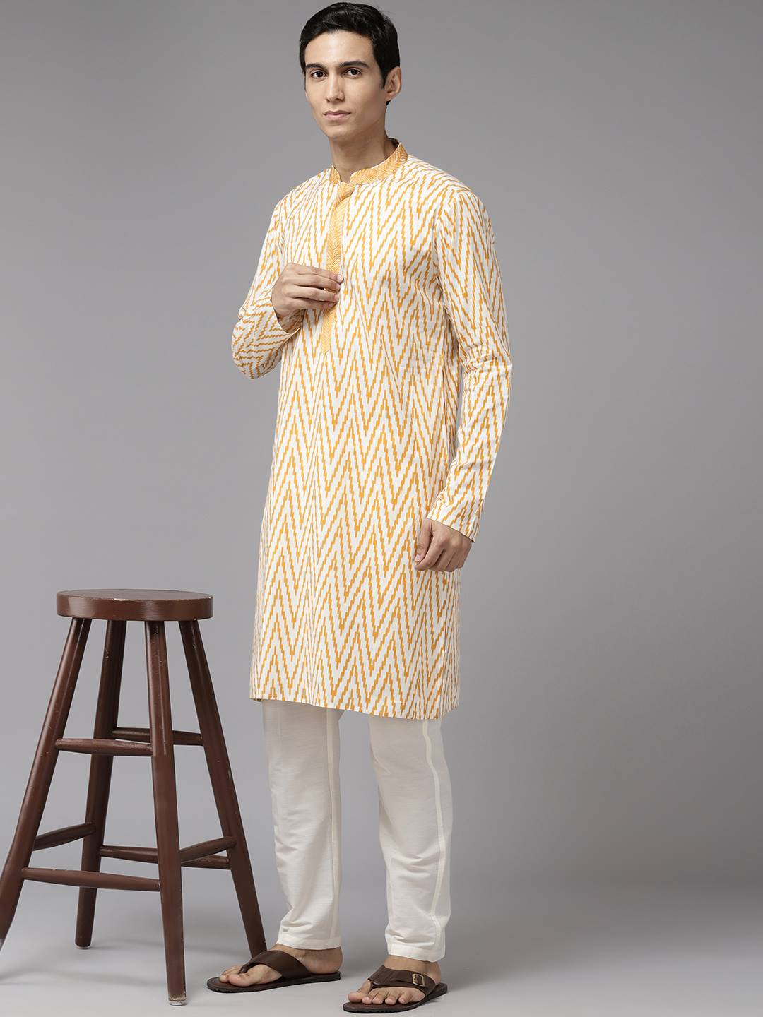 Men White & Mustard Pure Cotton Embroidered Straight Kurta With Pajama