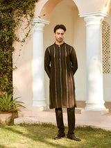 Men Black And Gold Chanderi Silk Sequins Kurta With Pajama