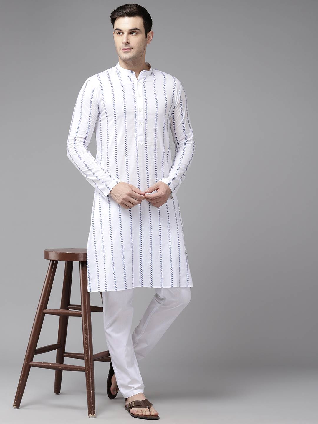 Men White with Blue Striped Pattern Pure Cotton Embroidered Straight Kurta With Pajama