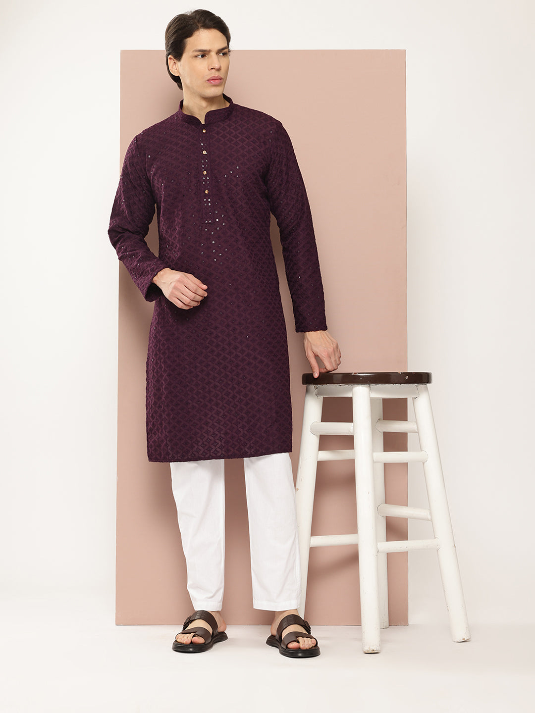 Men Purple  Embroidered Sequin Rayon Kurta