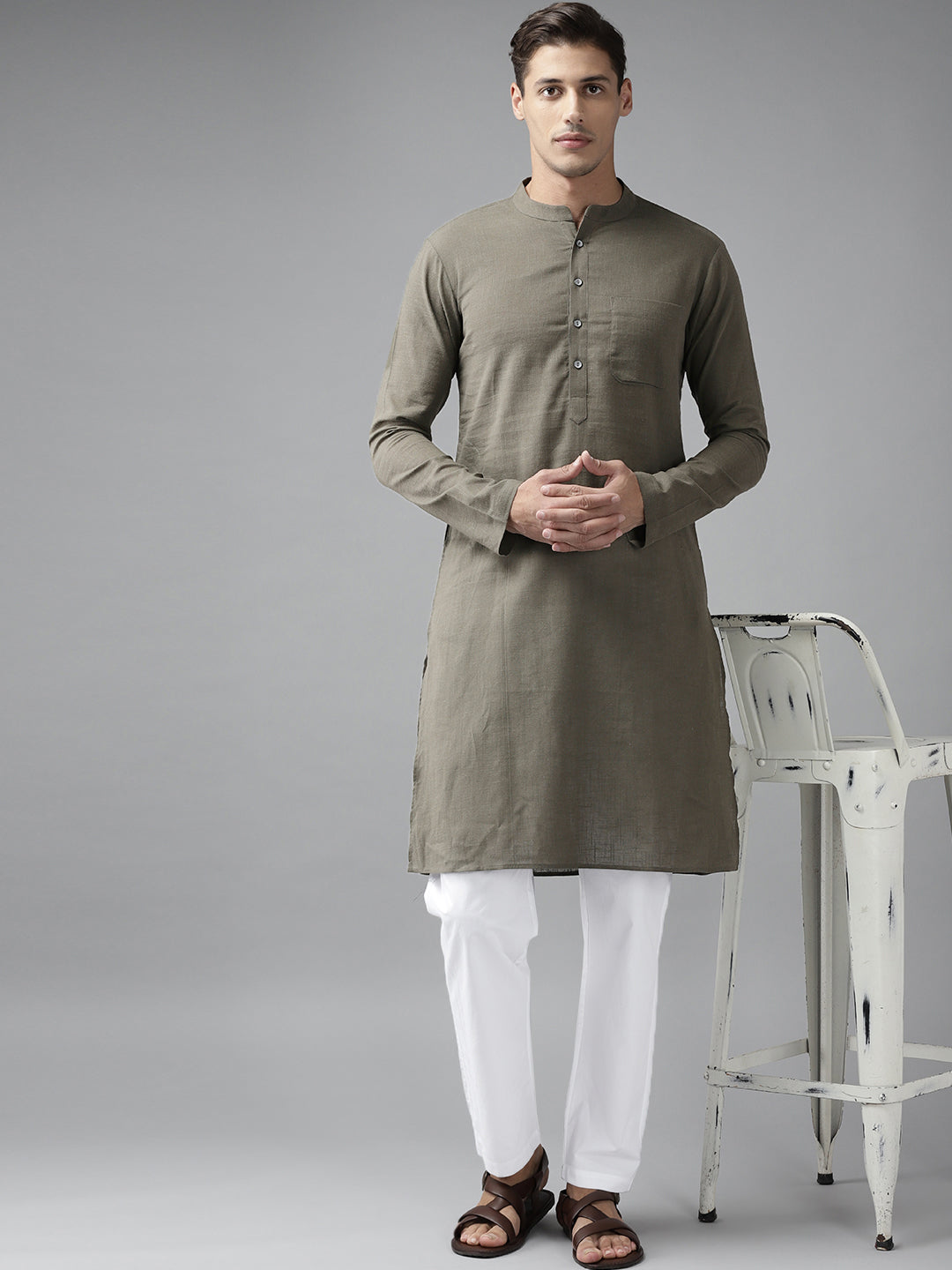 Men Khaki Cotton Straight Kurta with Slub Effect With Pajama