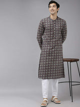 Men Blue And Beige Printed Thread Work Indigo Kurta