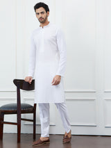 Men White Cotton Gold Thread Work & Sequence Kurta