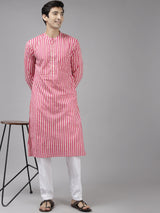 Men Pink And Gold Printed Thread Work Kurta With Pajama