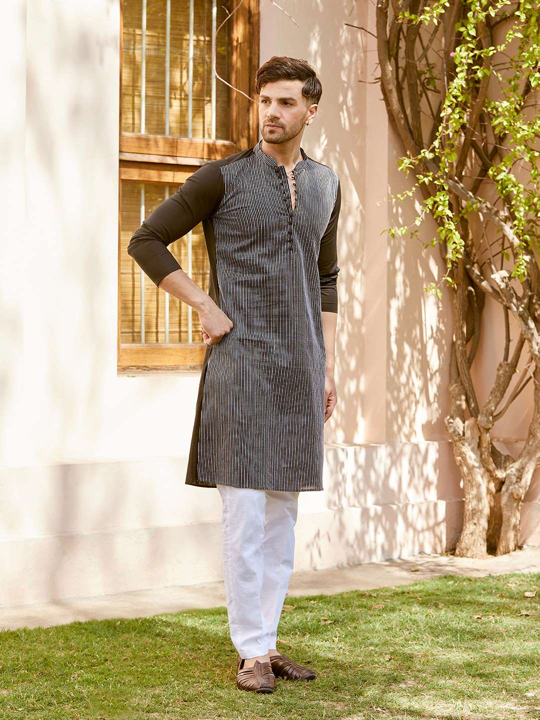 Men Black Cotton Pintex Design Multi Thread Work Kurta