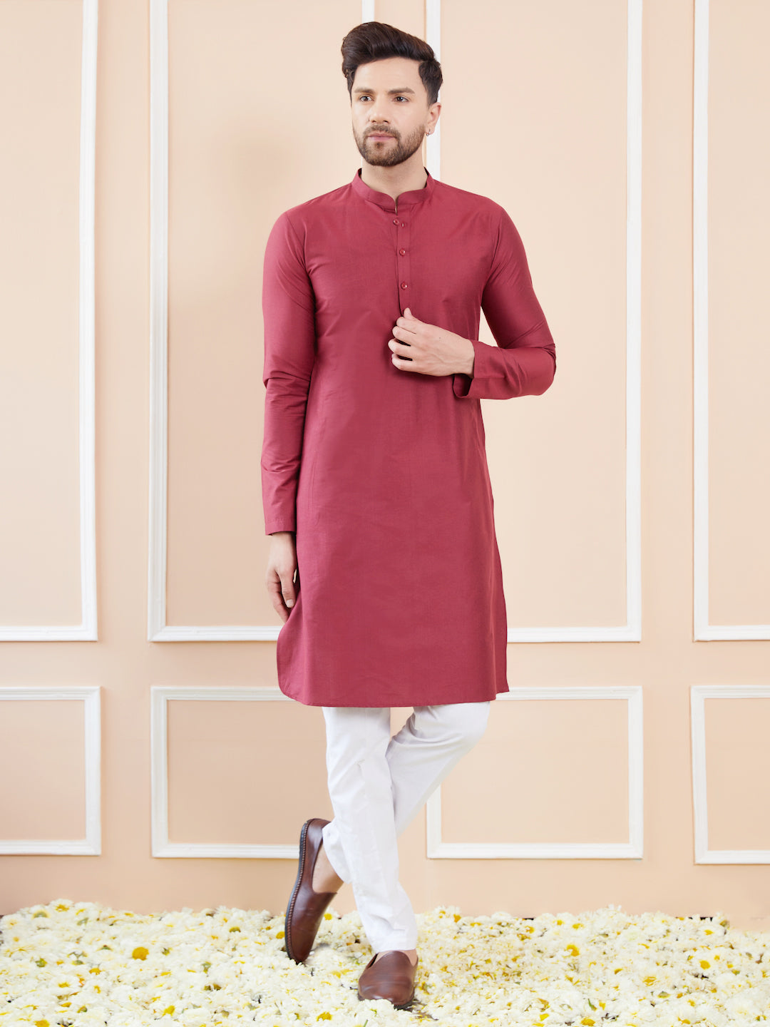 Men Burgundy Cotton Solid Straight Kurta