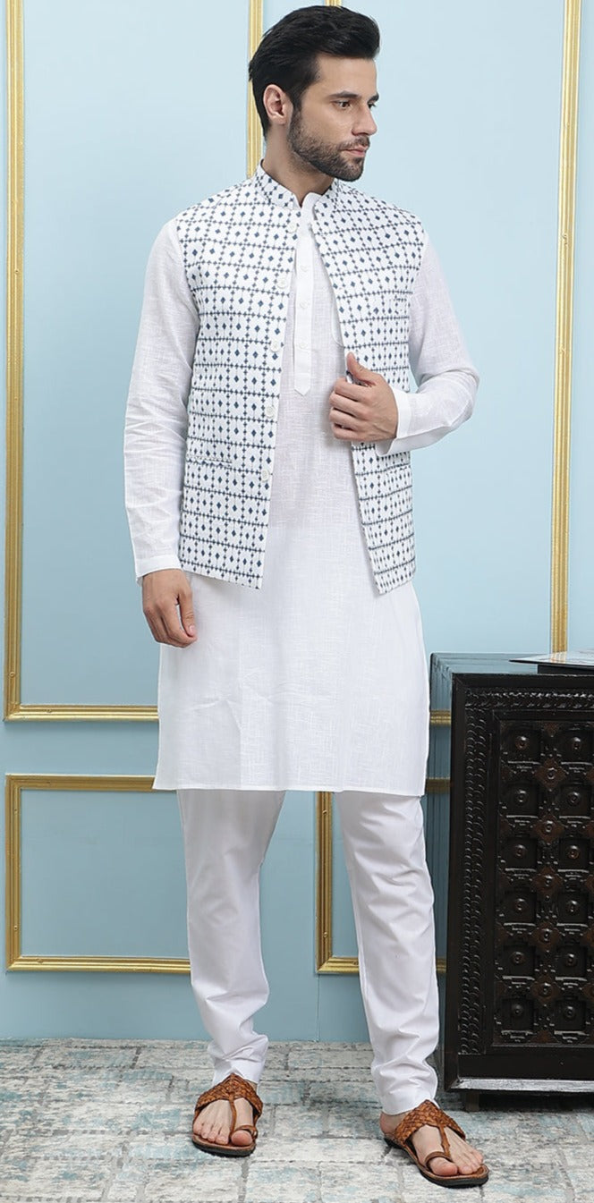 Men White And Teal Azure Mosaic Woven Design Chikankari Embroidery Cotton Nehru Jacket