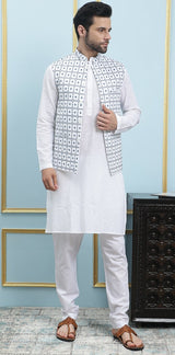 Men White And Teal Azure Mosaic Woven Design Chikankari Embroidery Cotton Nehru Jacket