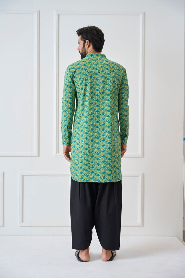 Men Green Regular Pure Cotton Pathani Kurta With Black Salwar