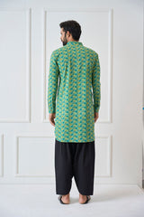 Men Green Regular Pure Cotton Pathani Kurta With Black Salwar