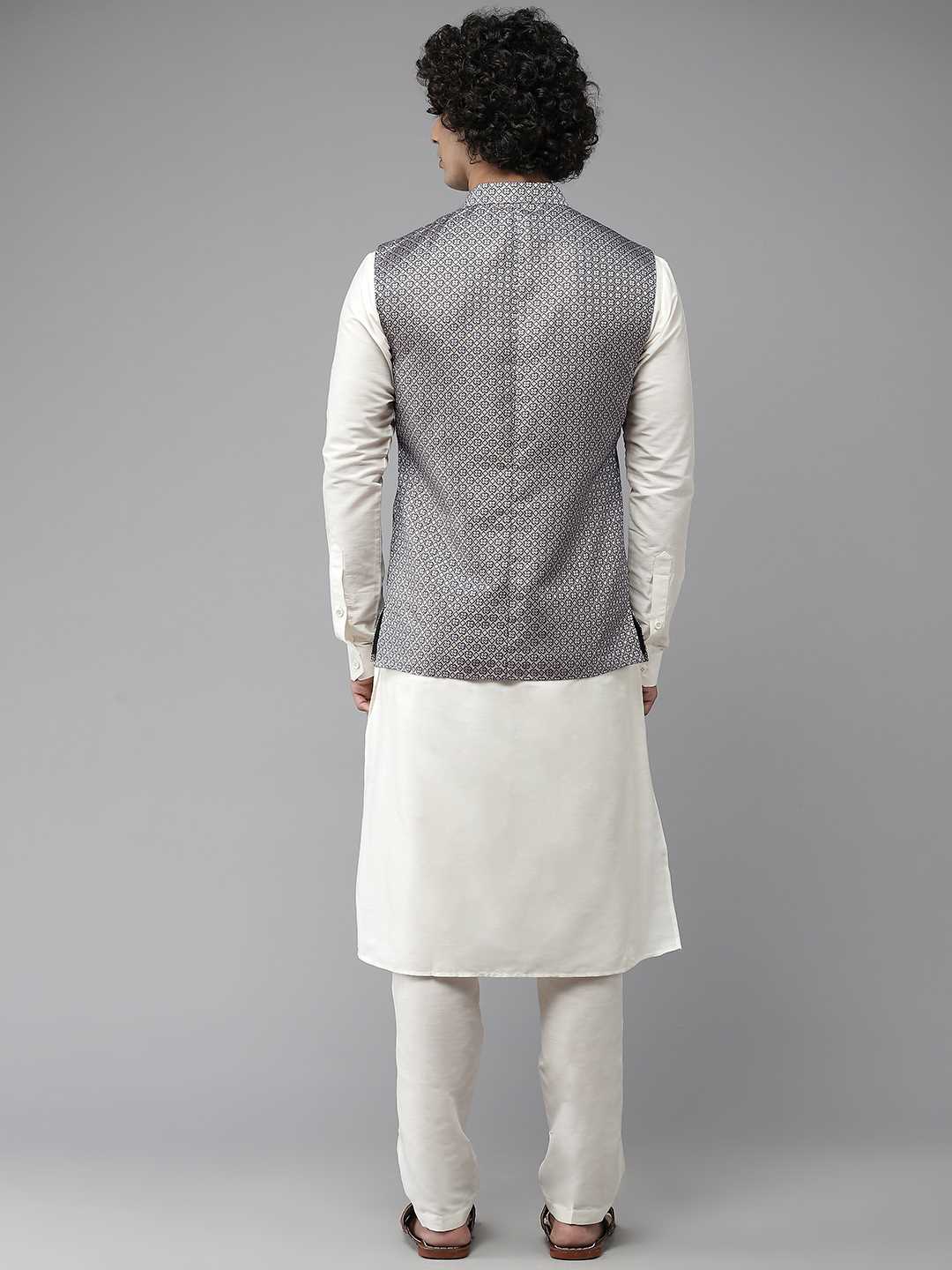 Men Blue & White Solid Kurta Pajama With Nehru jacket