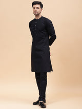 Men Black Pure Cotton Embroidered Straight Kurta