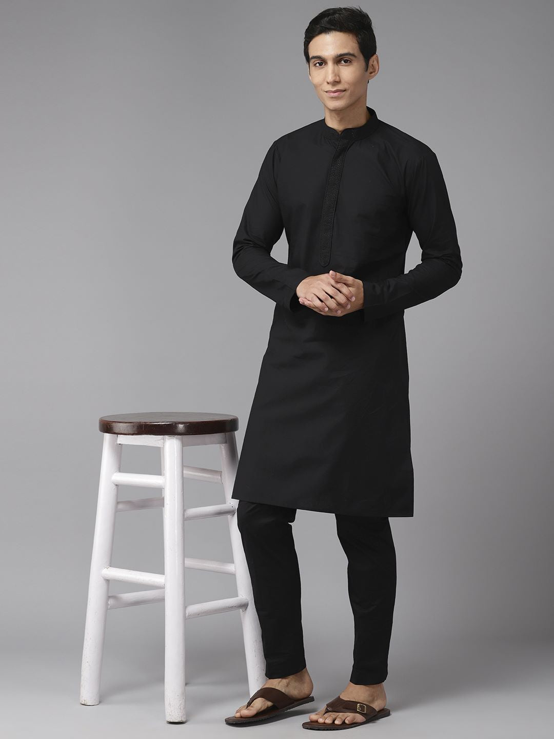 Men Jet Black Pure Cotton Embroidered Straight Kurta With Pajama