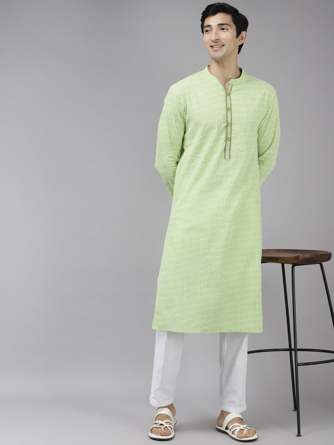 Men White & Lime Green Printed Pure Cotton Straight Kurta With Pajama